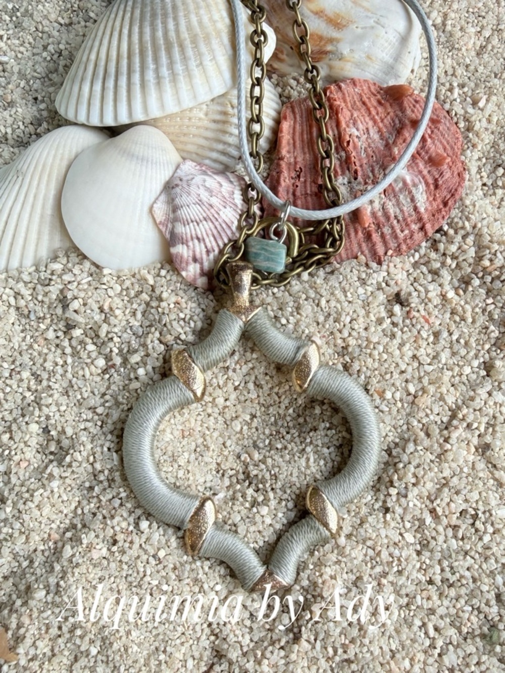 Layered brass Cream Rope Necklace with Gold Accents and Heart Loop Pendant